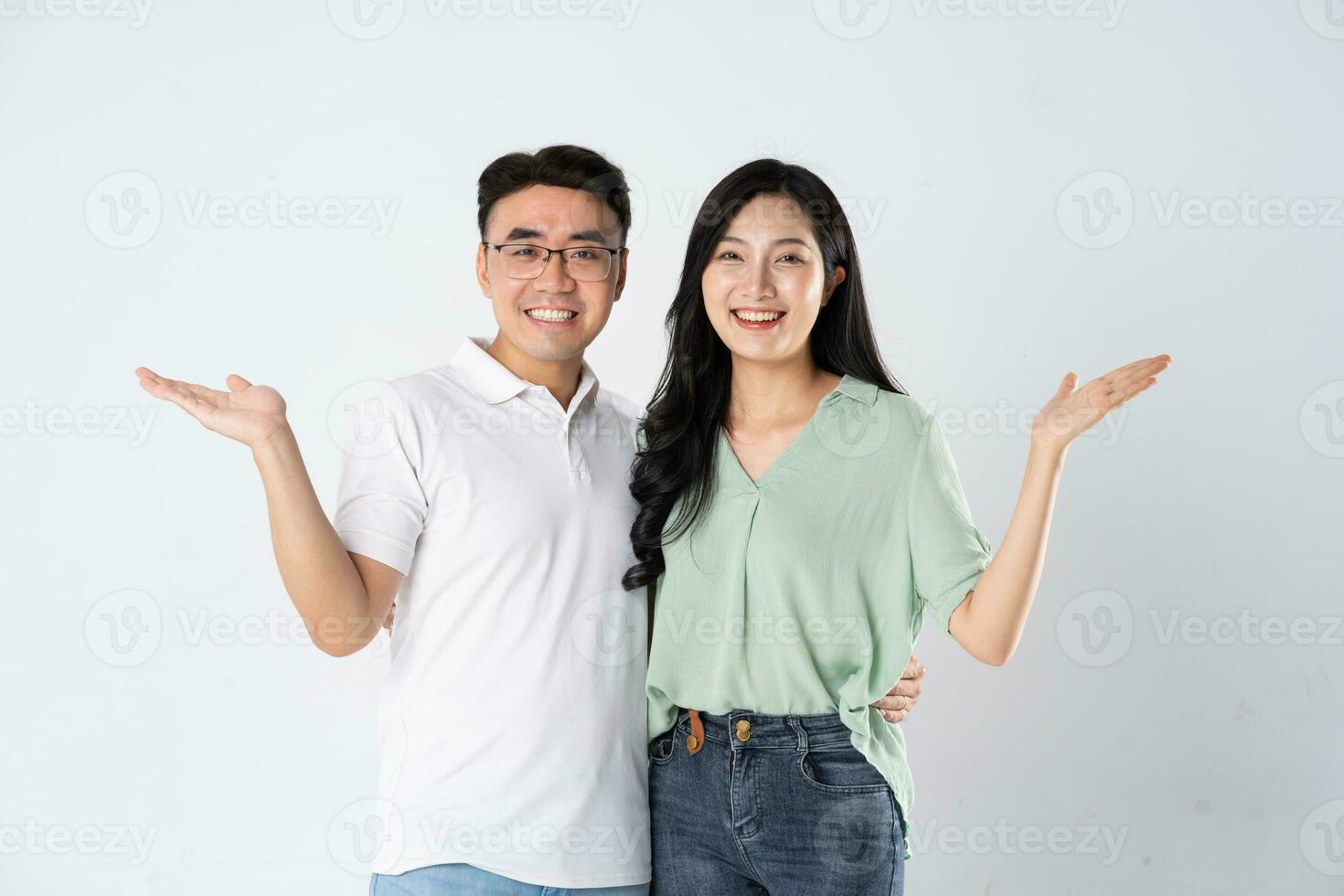 a couple posing on a white background photo