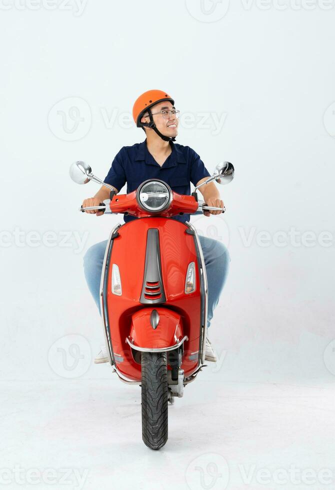 full body photo of a man wearing a hairdresser and driving a motorbike