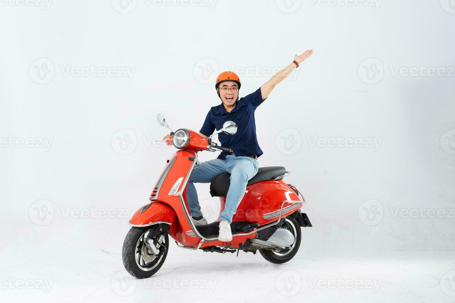 full body photo of a man wearing a hairdresser and driving a motorbike