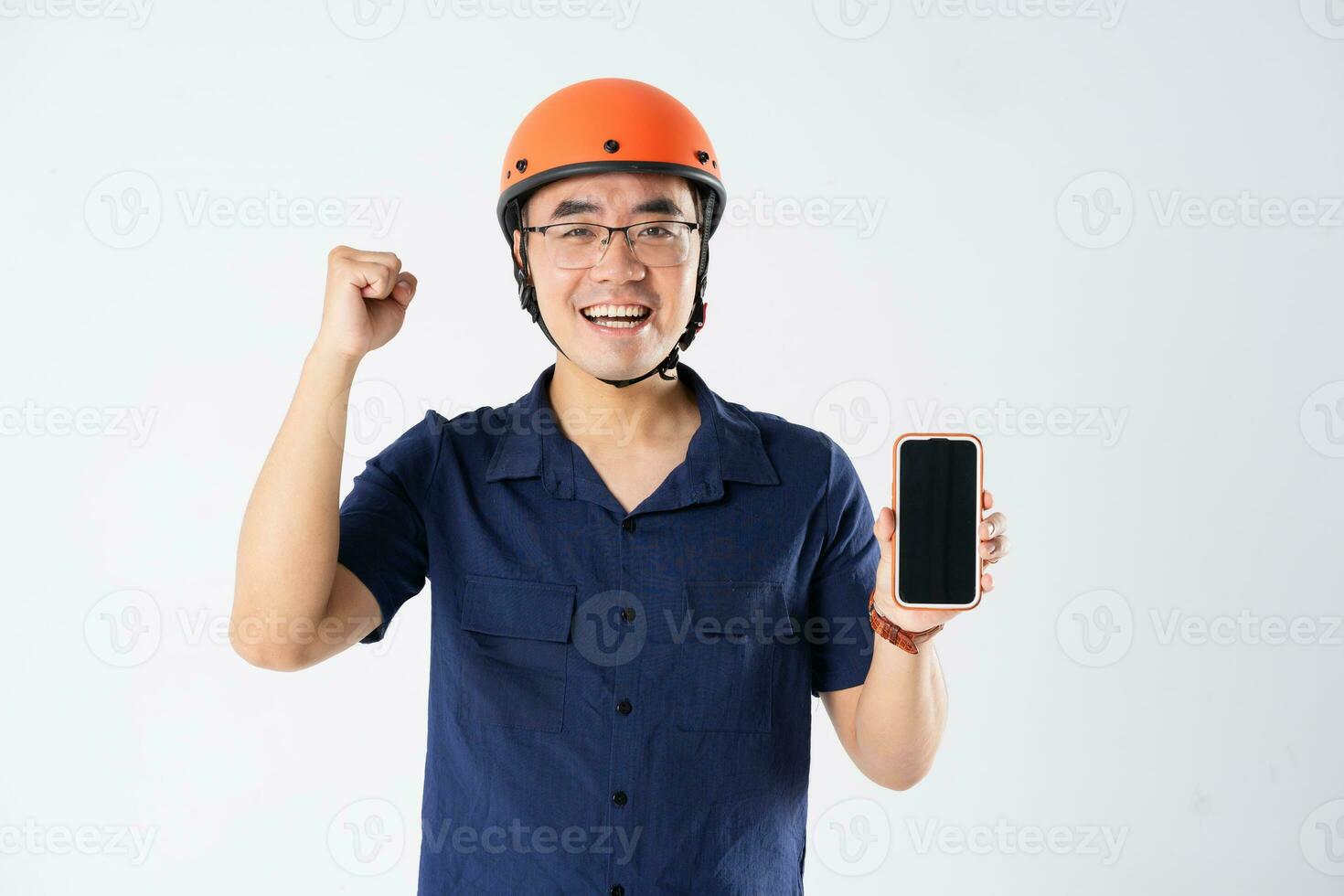 man wearing orange helmet on white background photo