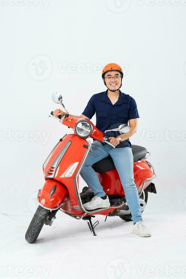 full body photo of a man wearing a hairdresser and driving a motorbike