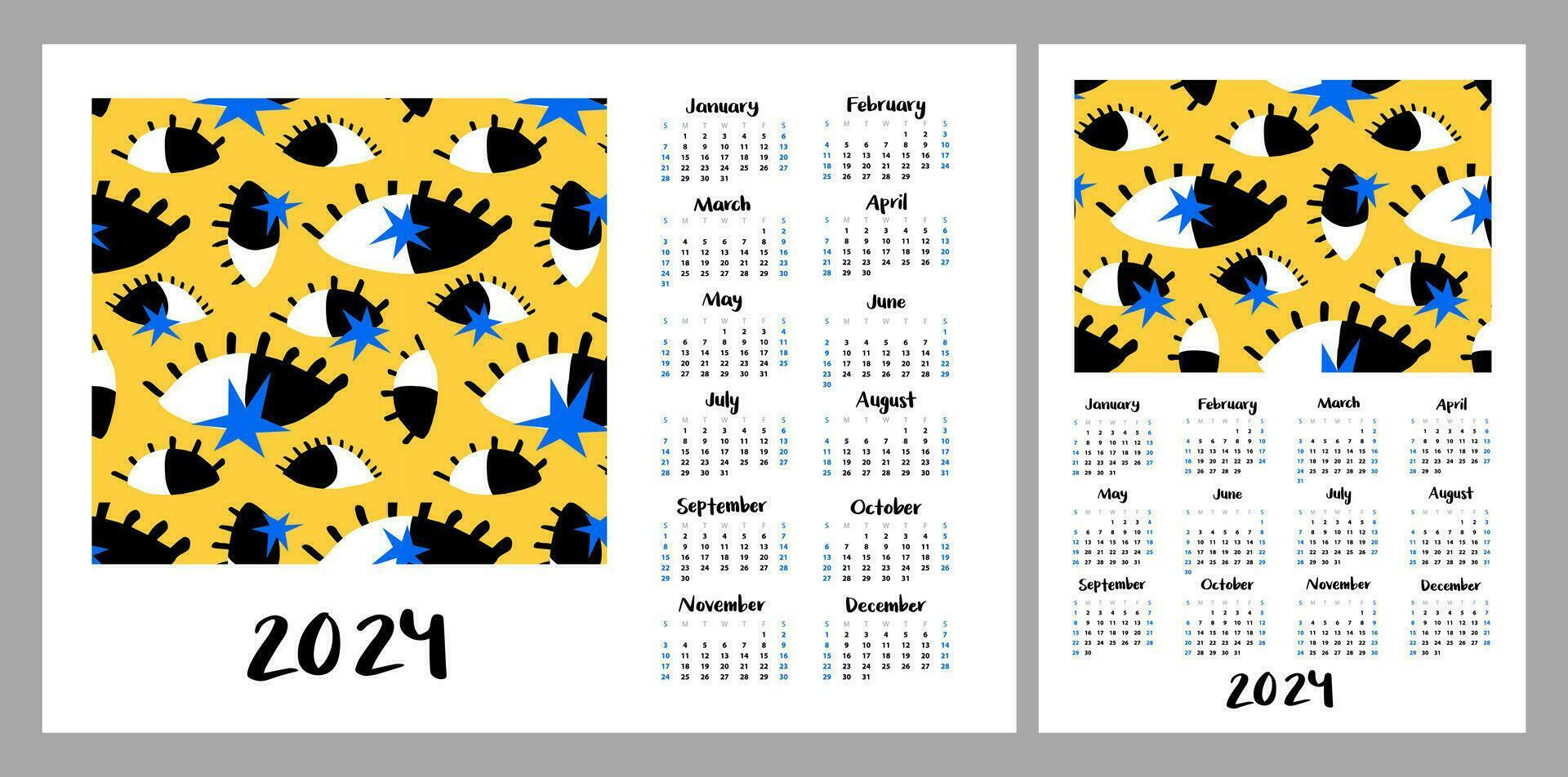 Calendar layout for 2024. Abstract illustration with eyes Vertical and horizontal layouts for A4, A5 printing vector