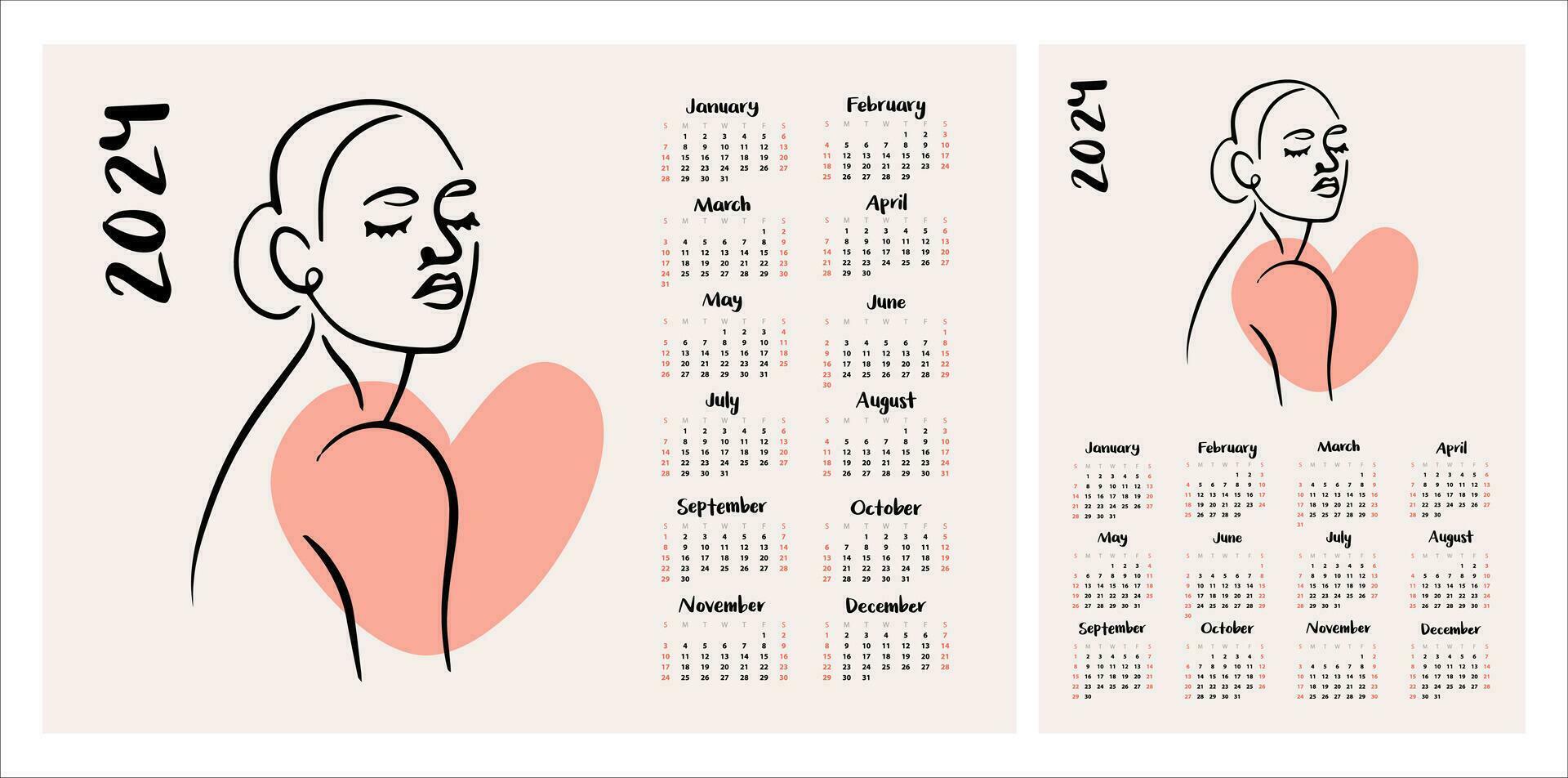 Calendar layout for 2024. Beautiful illustration of a girl in the style of line art. Vertical and horizontal layouts for A4, A5 printing vector