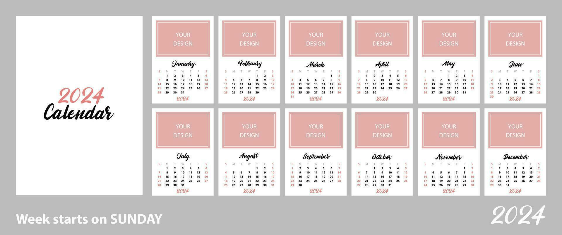 Calendar template for 2024. Vertical layout for your design. Size A4, A3, A5. Set of 12 months and cover vector