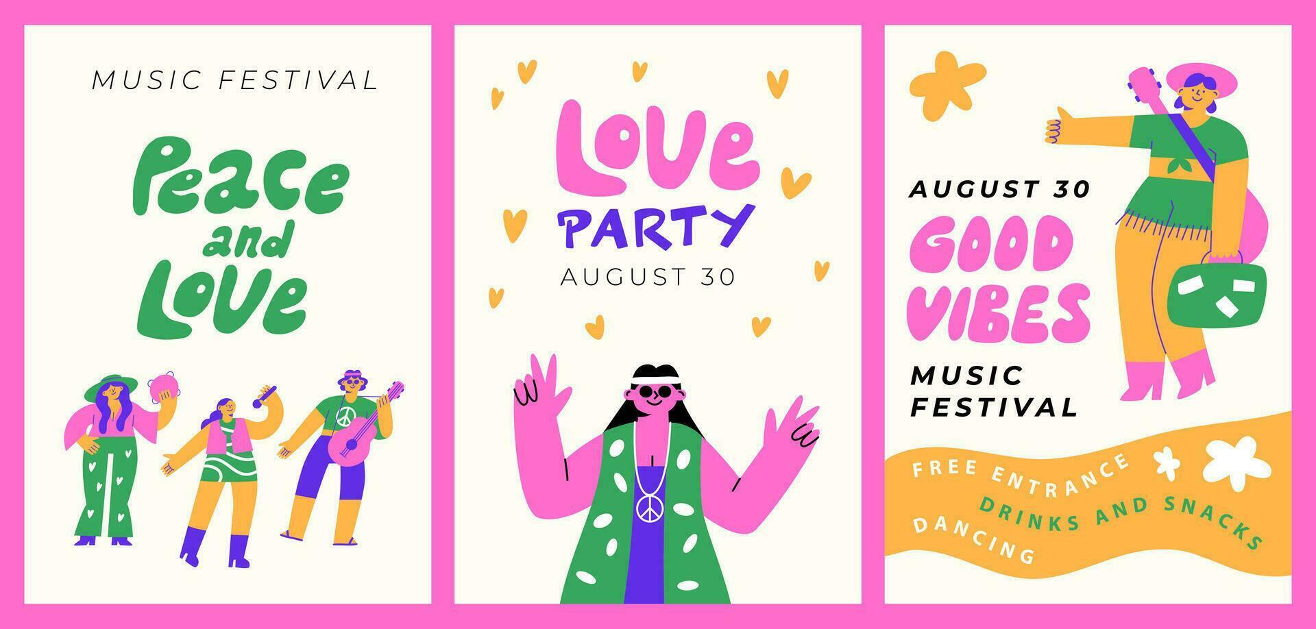 Hippie-style posters about a music festival. Bright retro postcards with funny people from the 70s. Typography and lettering. vector