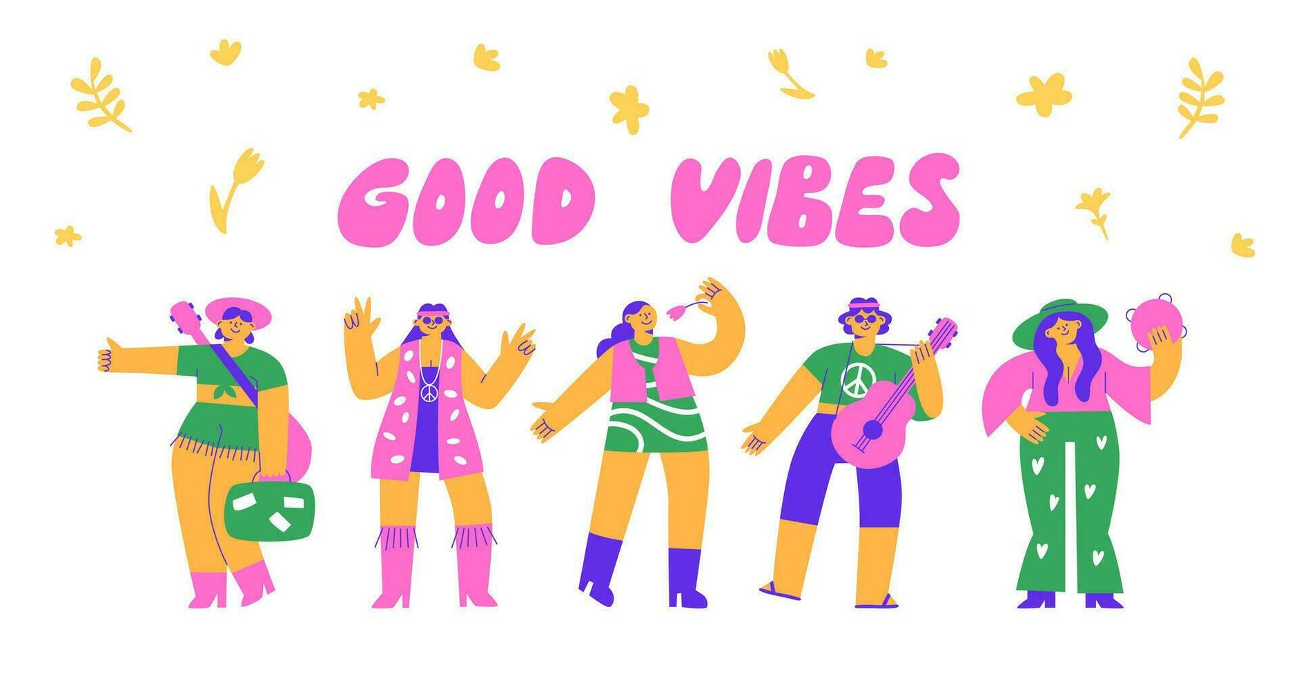 Funny bright hippies. Happy people in the style of the 70s smile, play guitar, dance. Vector flat illustration