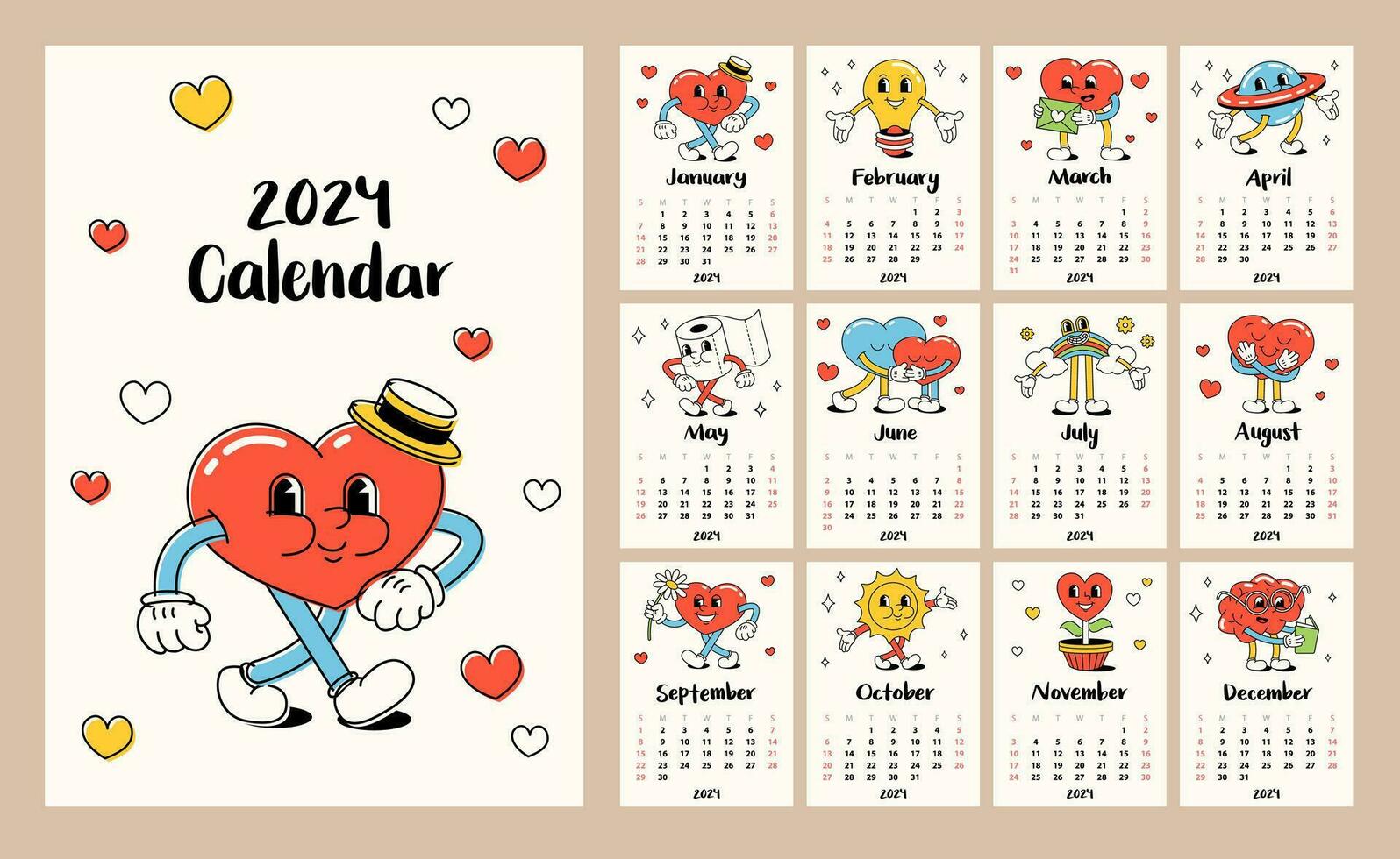Calendar template for 2024. Vertical cartoon layout. Retro hearts and characters.  A set of 12 months and a cover. Size A4, A3, A5. vector