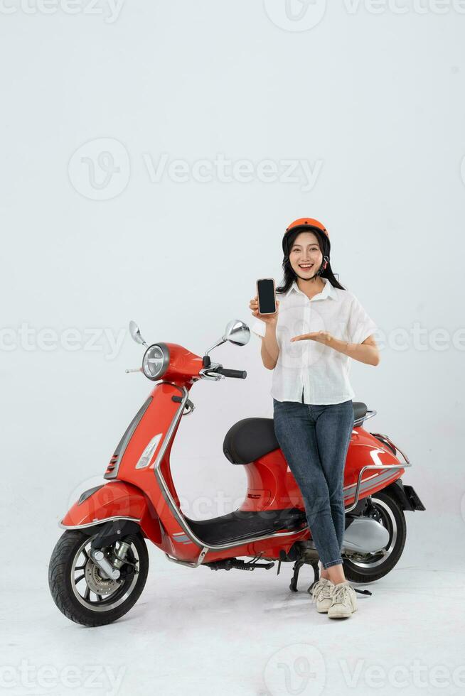 full body photo of a woman wearing a hairdresser and driving a motorbike