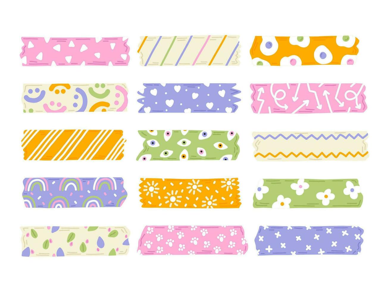 Trendy set of cute colorful washi duct tape isolated on a white background. Vector stripes and pieces of duct paper with different funny print. Bright colors