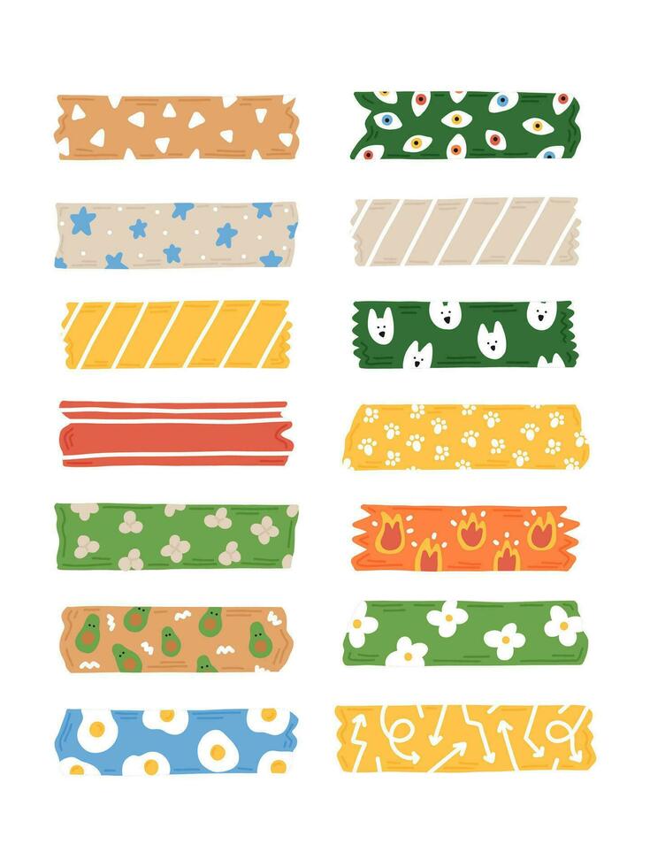 Trendy set of cute colorful washi duct tape isolated on a white background. Vector stripes and pieces of duct paper with different funny print. Bright colors