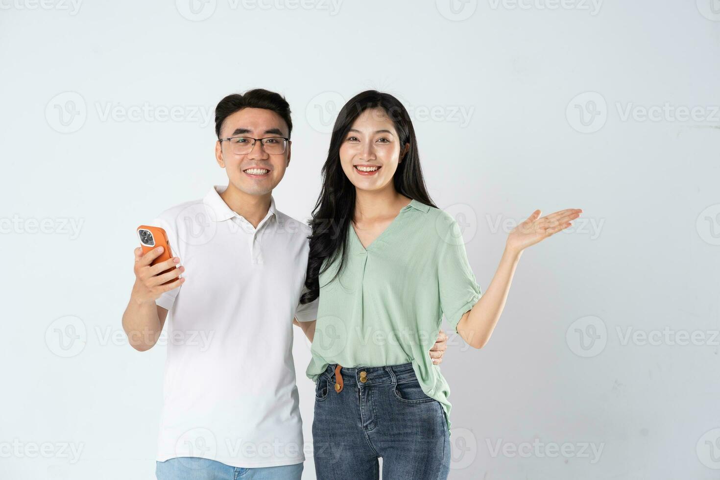 a couple posing on a white background photo