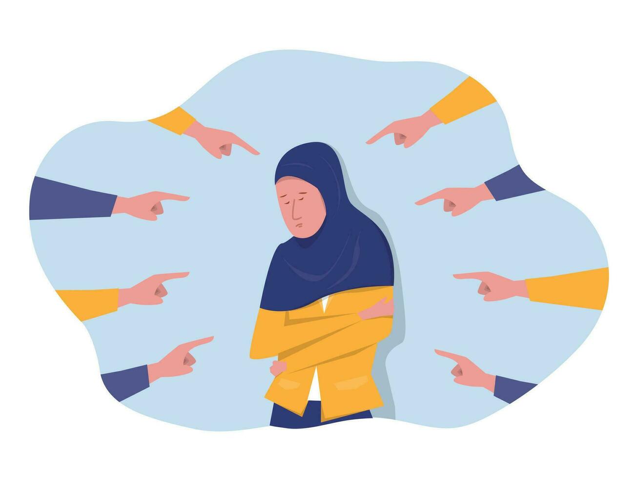 Bullying concept. Young upset Muslim Woman victim of harassment  which symbolizes touching and violence against women. Fingers pointing at a woman. Vector illustration