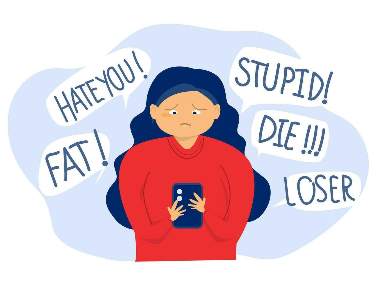 Cyberbullying concept, fat women looking and short From Public Censure by Her Weigh Threats and insults in messages on laptop mobile vector