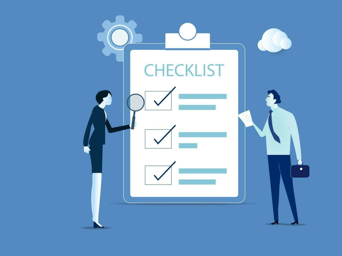 Checklist. Two office workers check the checklist. Vector illustration.