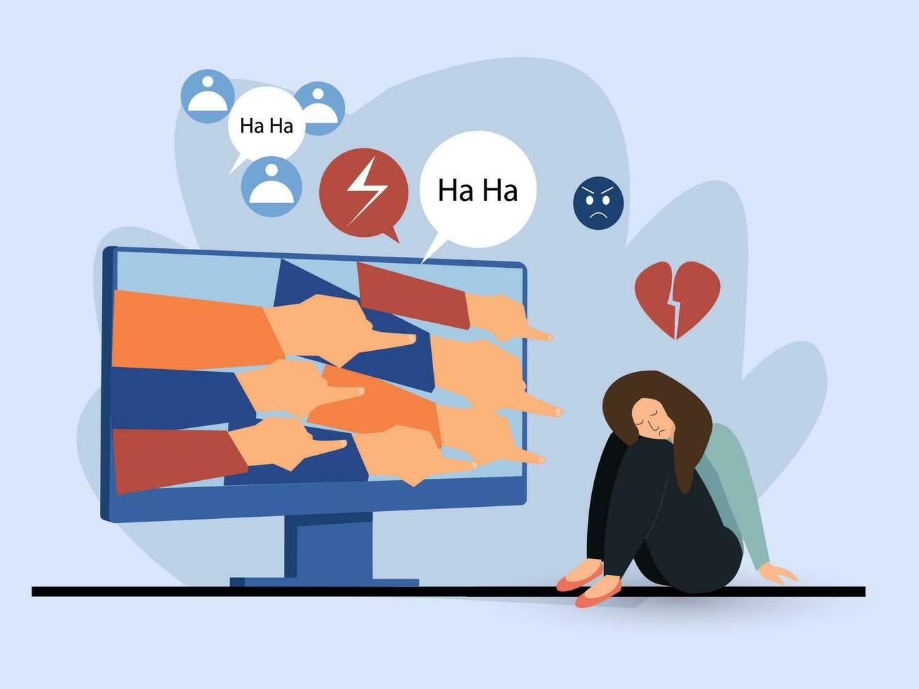 Social media bullying. Haters pointing fingers frim monitor at victim, laughing at crying girl. Flat vector illustration for hate, violence, stress, online abuse concept.