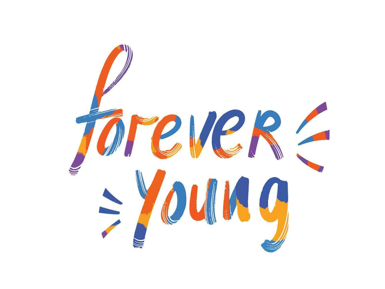 Fun and colorful forever young hand written typography text alphabet with line decorations and grungy texture isolated on landscape white template. Simple flat textured letters. vector