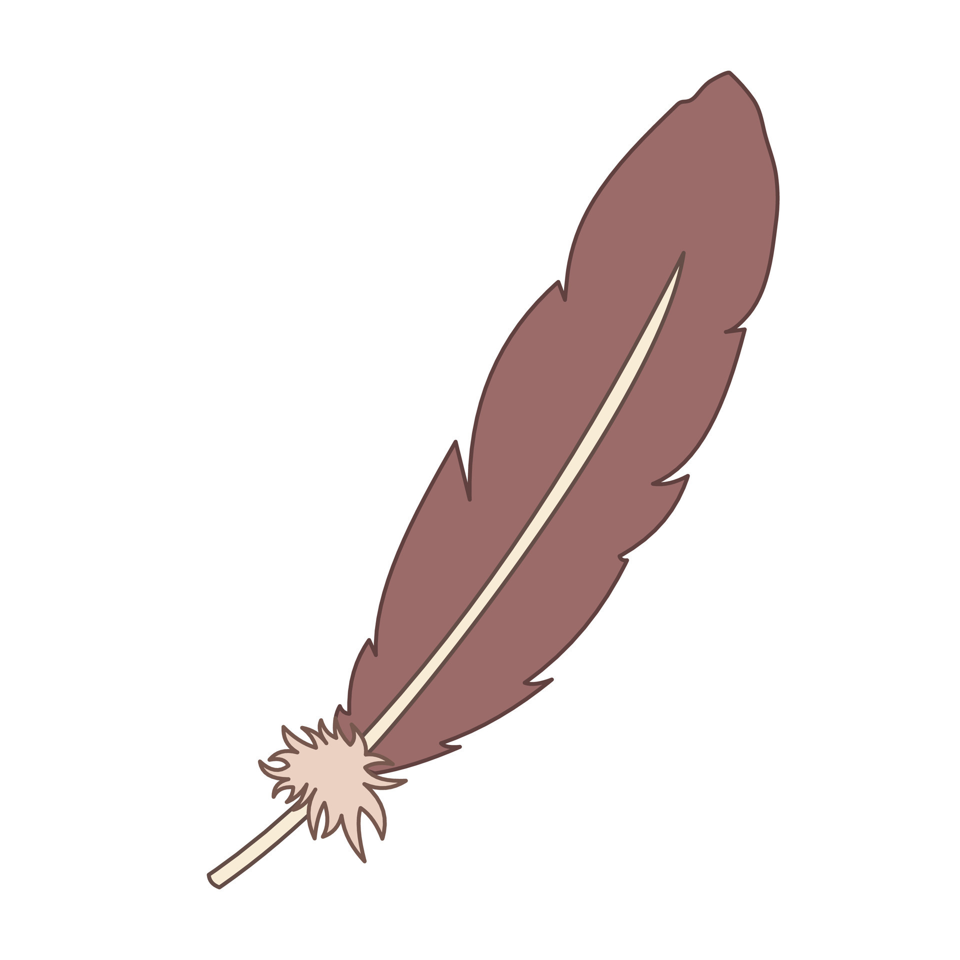 One single brown colored feather vector illustration isolated on square