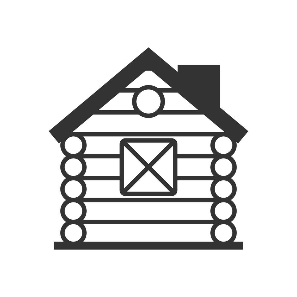 Vector illustration of wooden house icon in dark color and white background