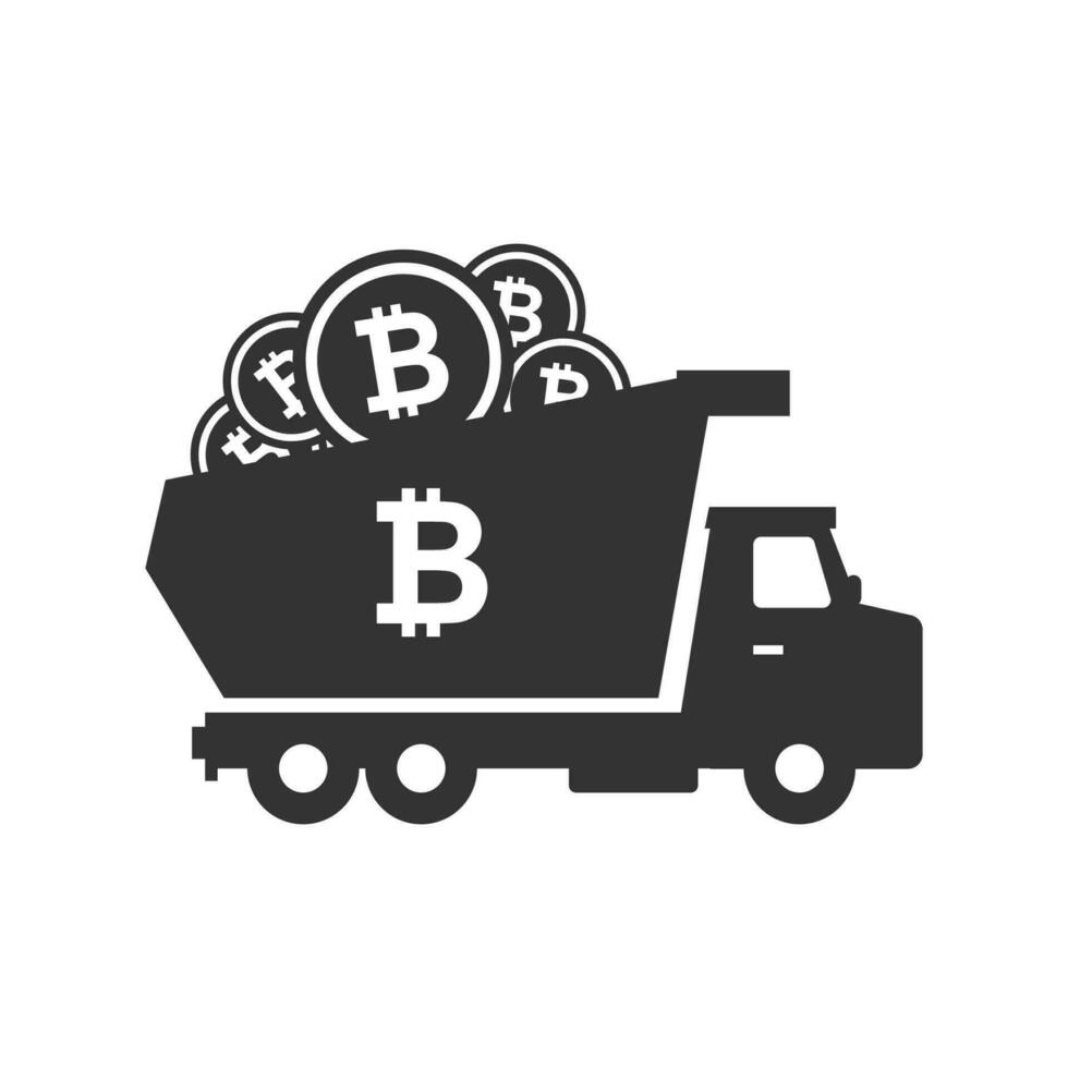 Vector illustration of bitcoin truck icon in dark color and white background