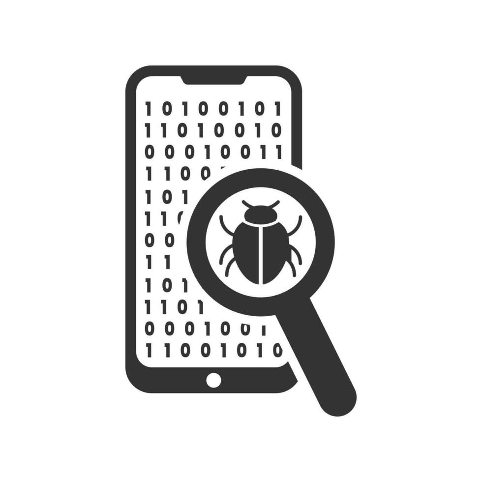 Vector illustration of smartphone virus search icon in dark color and white background