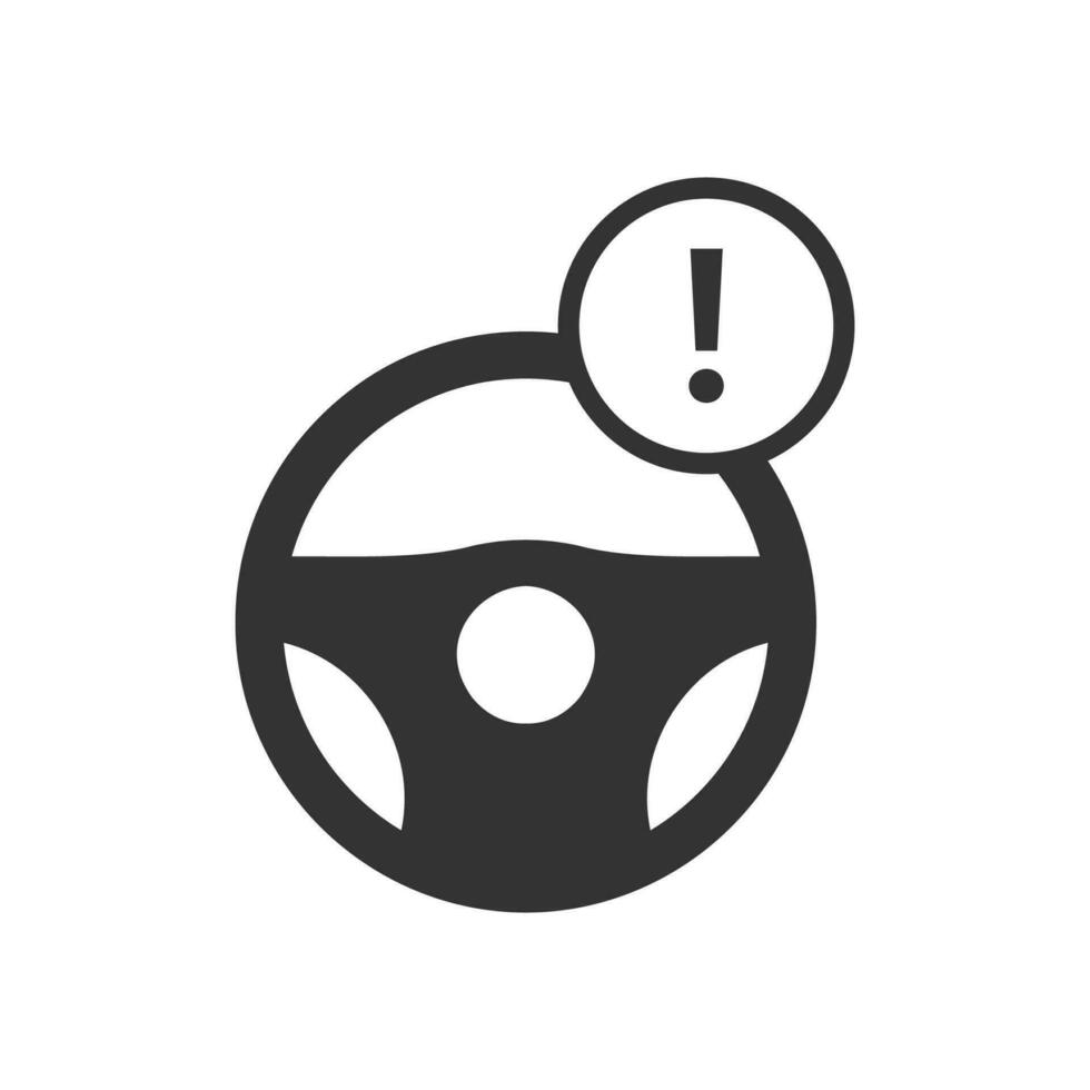 Vector illustration of exclamation mark on the steering wheel icon in dark color and white background