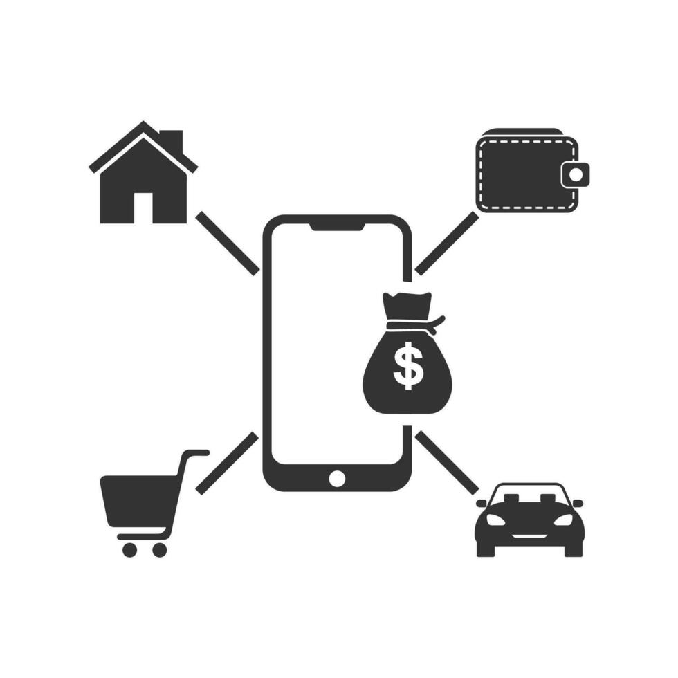Vector illustration of mobile banking icon in dark color and white background