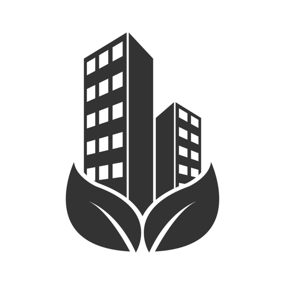 Vector illustration of eco-friendly building icon in dark color and white background