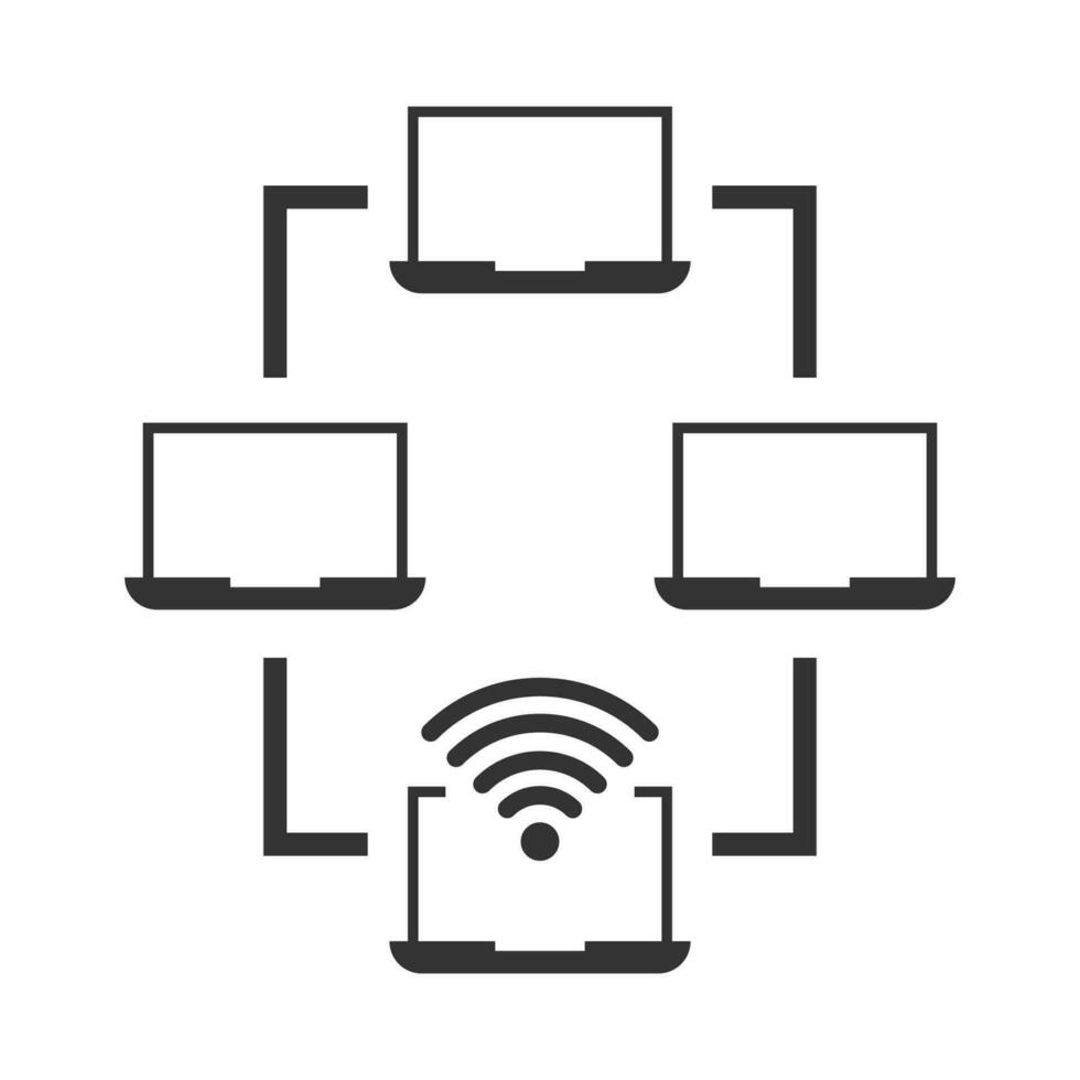 Vector illustration of laptop connection icon in dark color and white background