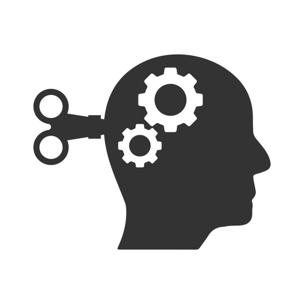 Vector illustration of head thinking key icon in dark color and white background