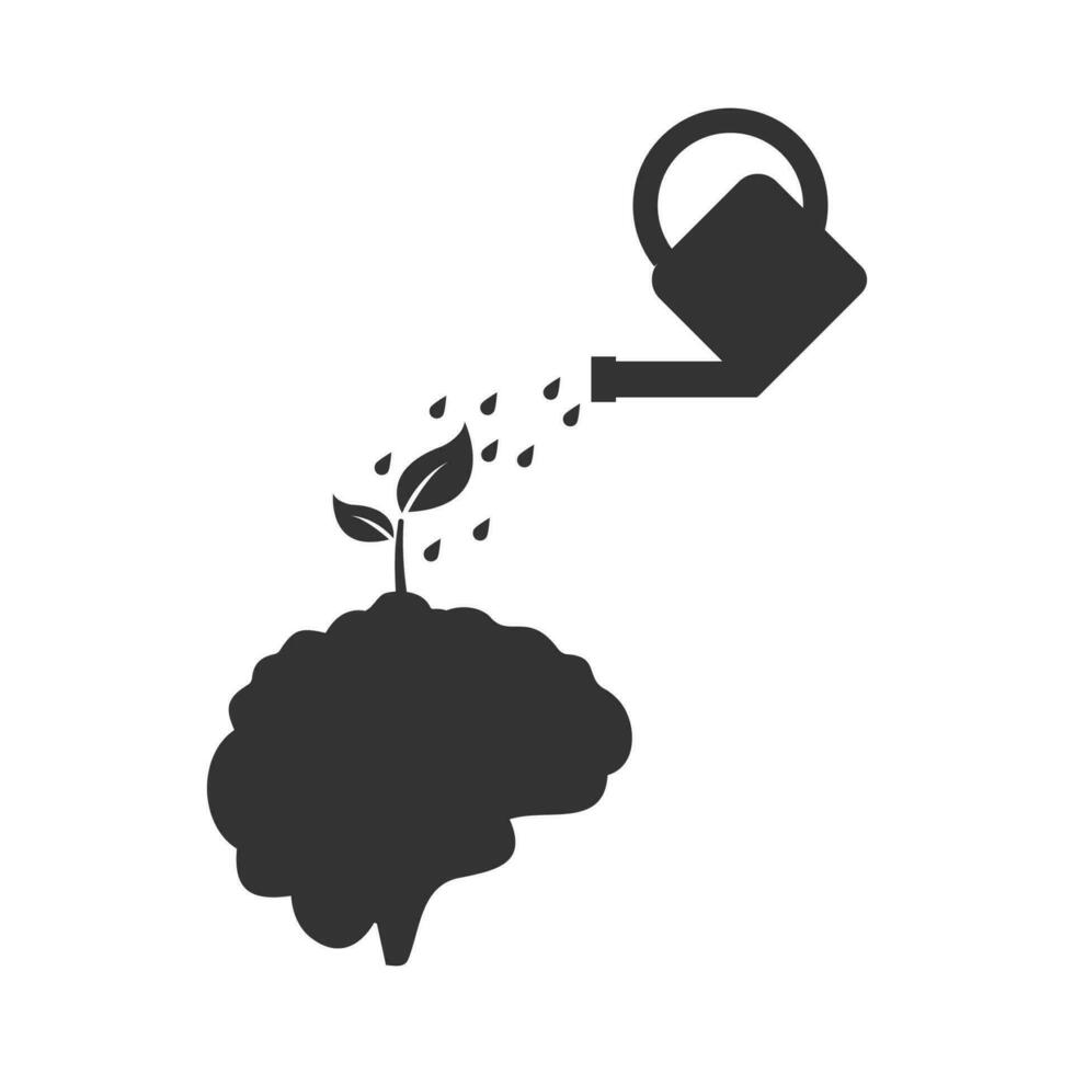 Vector illustration of watering the brain plant icon in dark color and white background