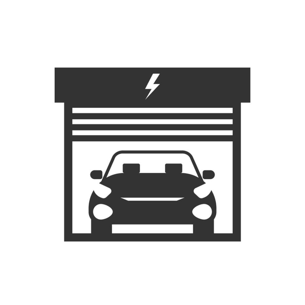 Vector illustration of electric car garage icon in dark color and white background