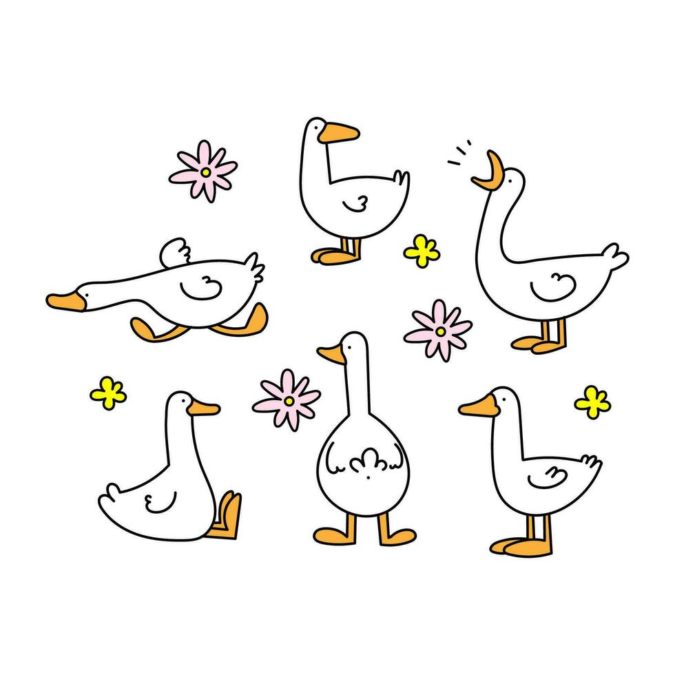 Set of colored vector doodles of geese, ducks in different poses on a white background