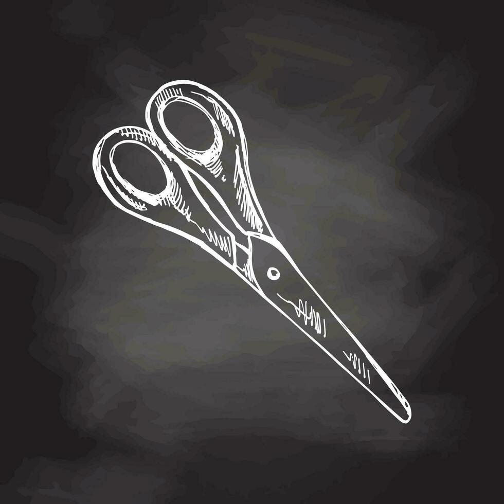 Vector hand-drawn school and office tools Illustration. Detailed retro style scissors sketch on chalkboard background. Vintage sketch element. Back to School.