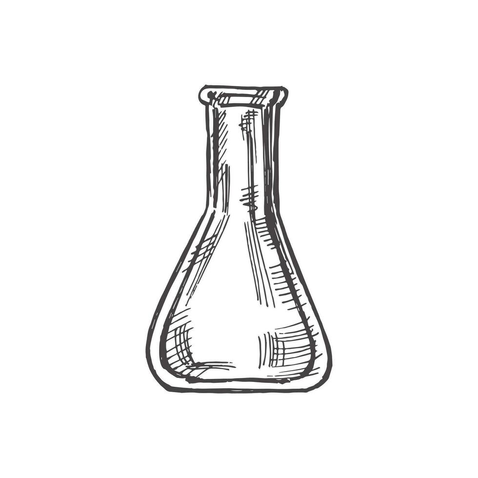 Vector hand-drawn school Illustration. Detailed retro style glass flask sketch. Vintage sketch element. Back to School. The science, medicine.