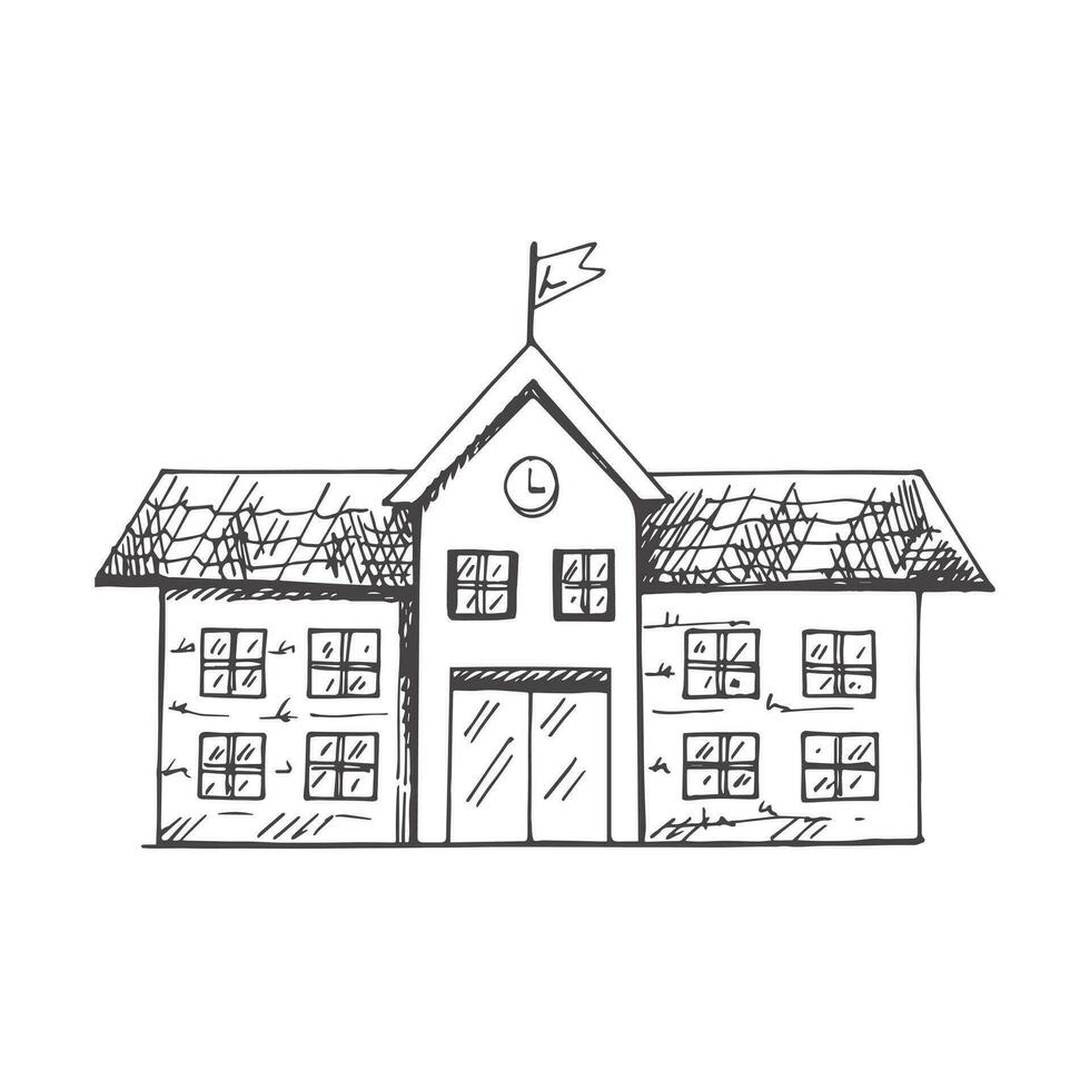 Vector hand-drawn school Illustration. Detailed retro style school building sketch. Vintage sketch element. Back to School.