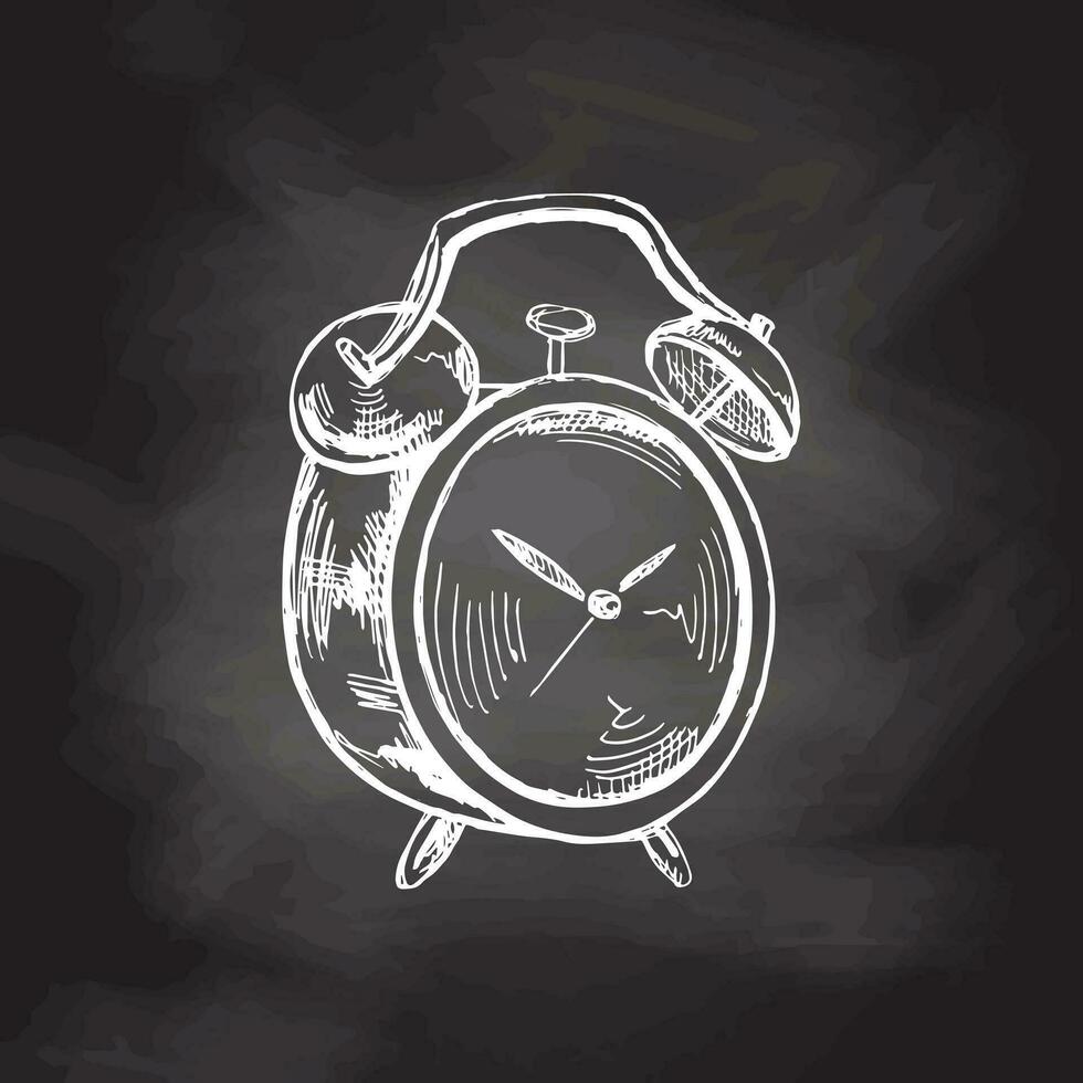 Vector hand-drawn Illustration. Detailed retro style old alarm clock sketch on chalkboard background. Vintage sketch element. Back to School.