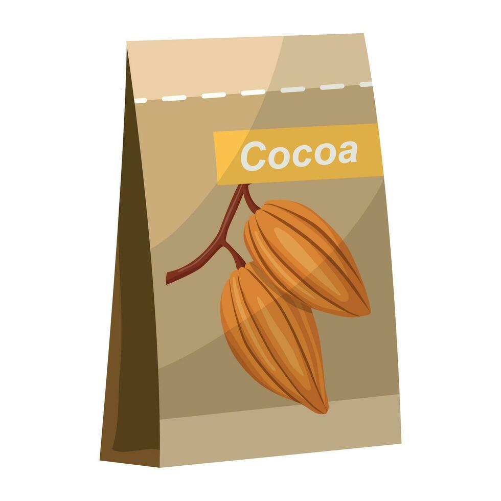 A paper bag of ground cocoa, cocoa powder. Vector illustration.