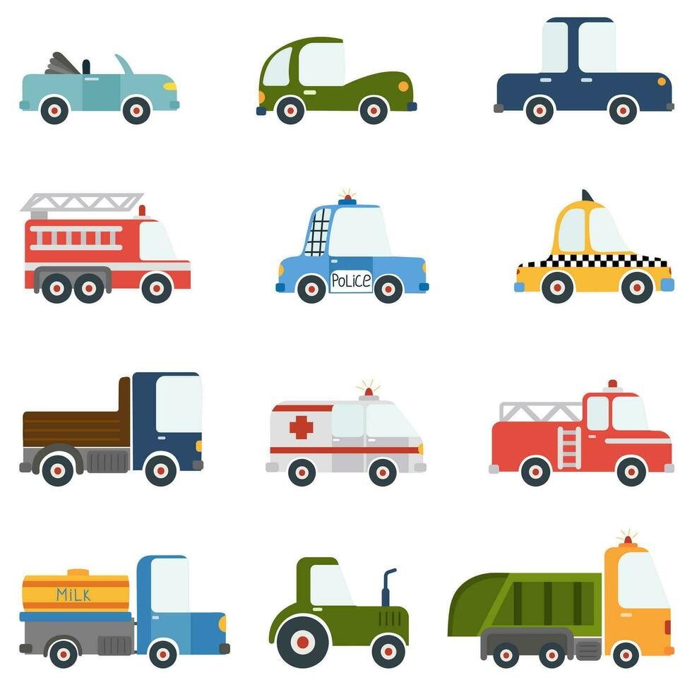 A set of cartoon vehicles for children's design. Vector on a white background.