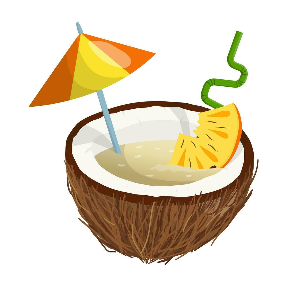 Pina colada cocktail in coconut. vector illustration on a white background.