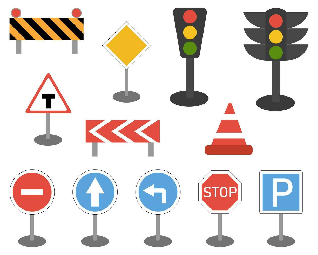 A set of road signs and a traffic light. Vector illustration on a white background.