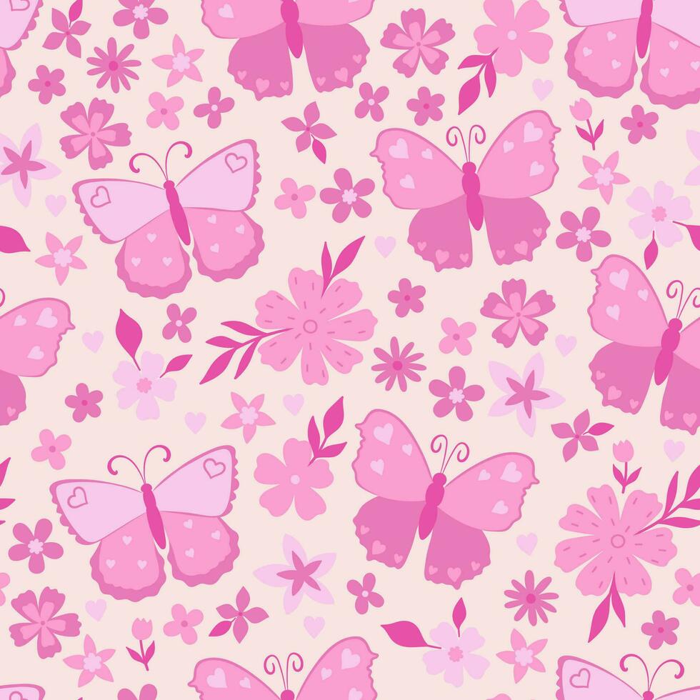 Seamless pattern with butterflies and flowers in trendy pink colours. Vector graphics.