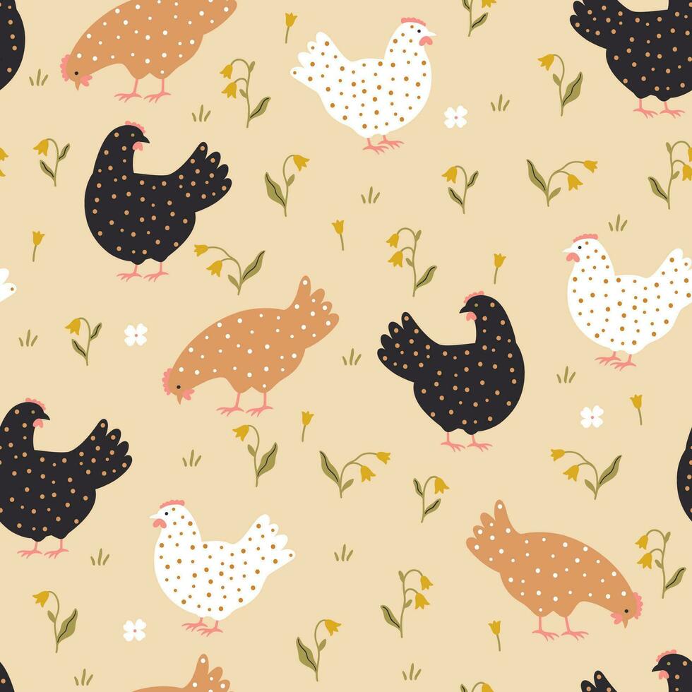Seamless pattern with cute colorful chickens. Vector graphics.
