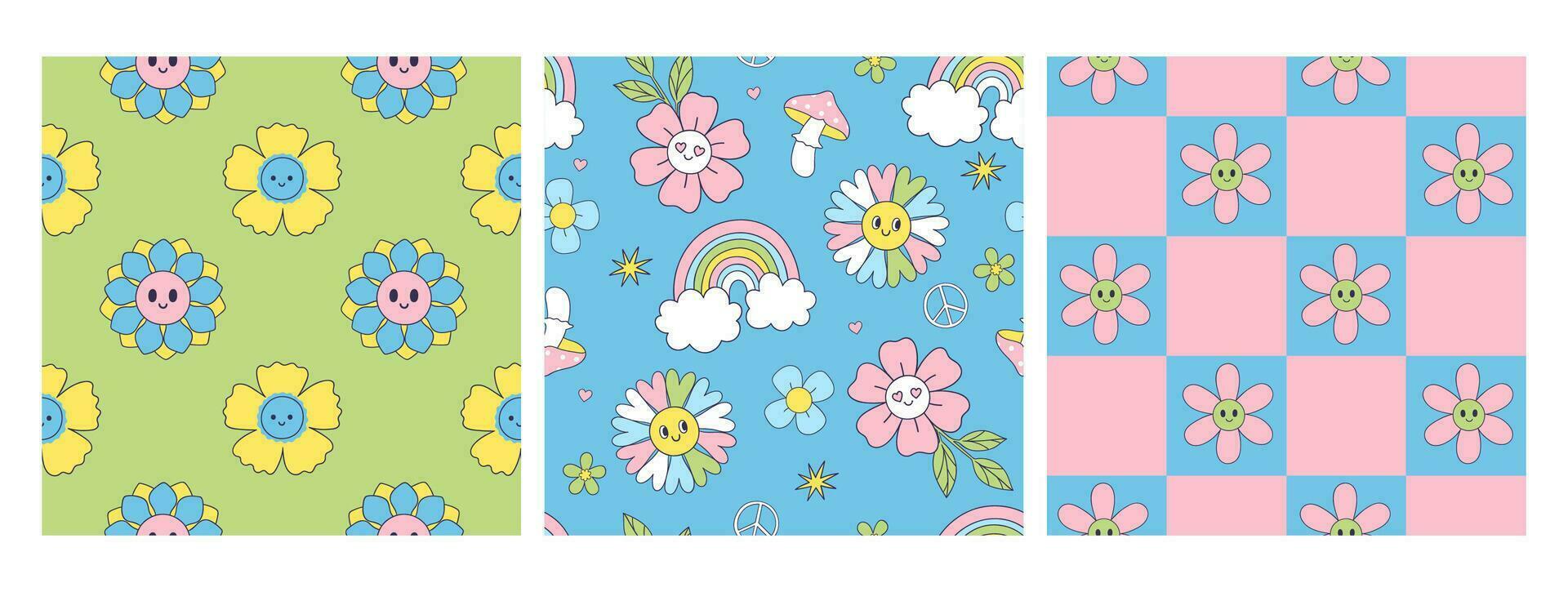 Collection of seamless patterns with cute smiling flowers. Vector graphics.