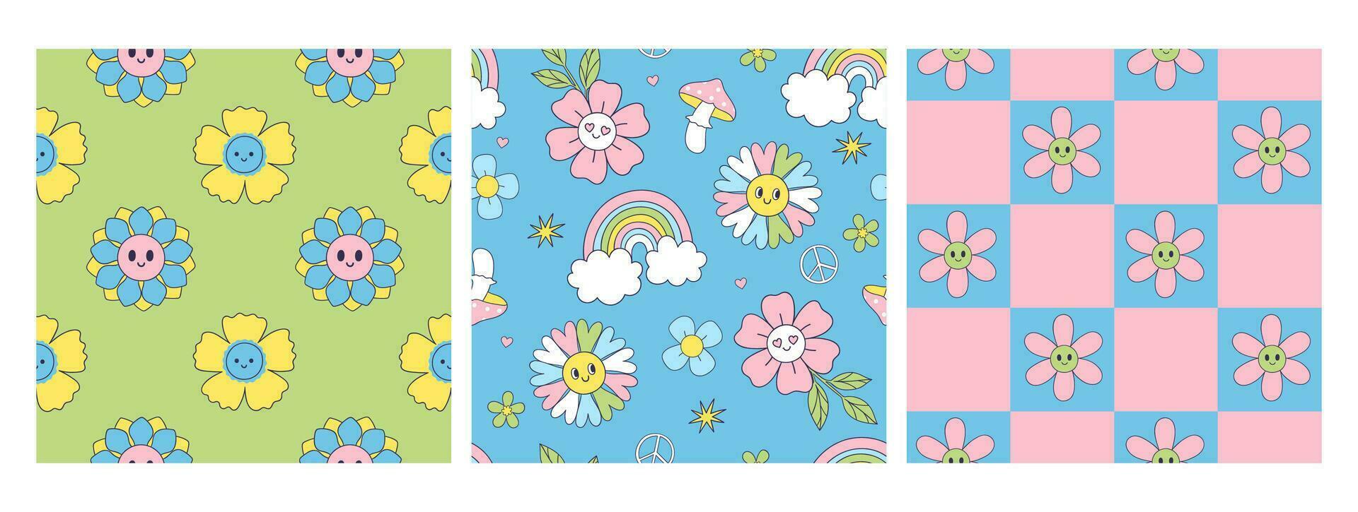 Collection of seamless patterns with cute smiling flowers. Vector graphics.