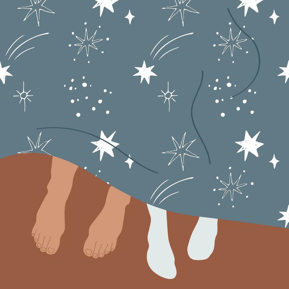 Sleeping couple sleeps under soft blanket. Male and female legs stick out from under the blanket. Relationships, morning in bed, family, love, comfort, healthy sleep. Hand drawn vector illustration