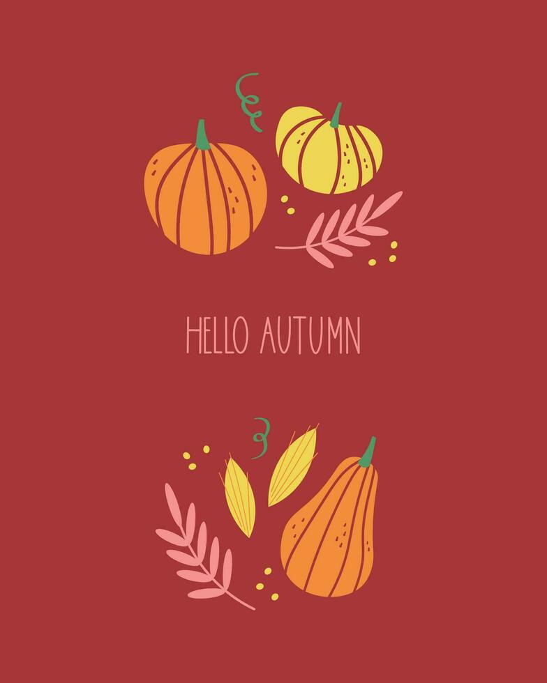 Autumn template with pumpkins and color leaves, fall mood vector illustration for banner, greeting card, polygraph, label, print. Background for autumn holidays, isolated backdrop