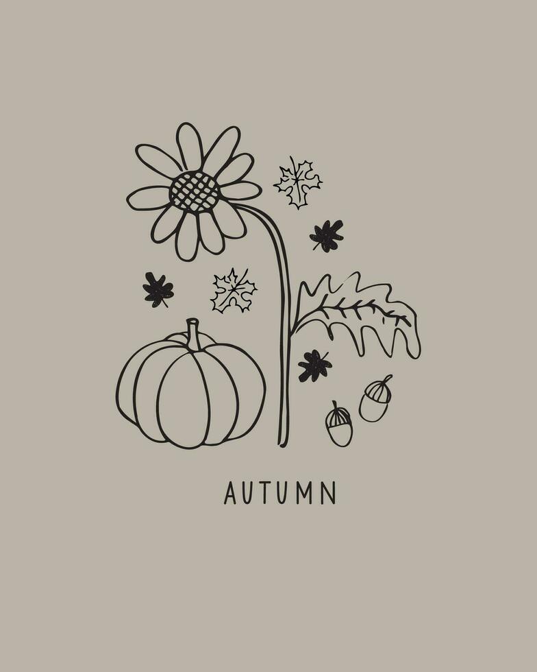 Autumn template with pumpkins, sunflowers, fall leaves, oak nuts. Vector illustration of autumn mood in boho style for banner, greeting card, polygraph, label, print, poster. Hand drawn with ink