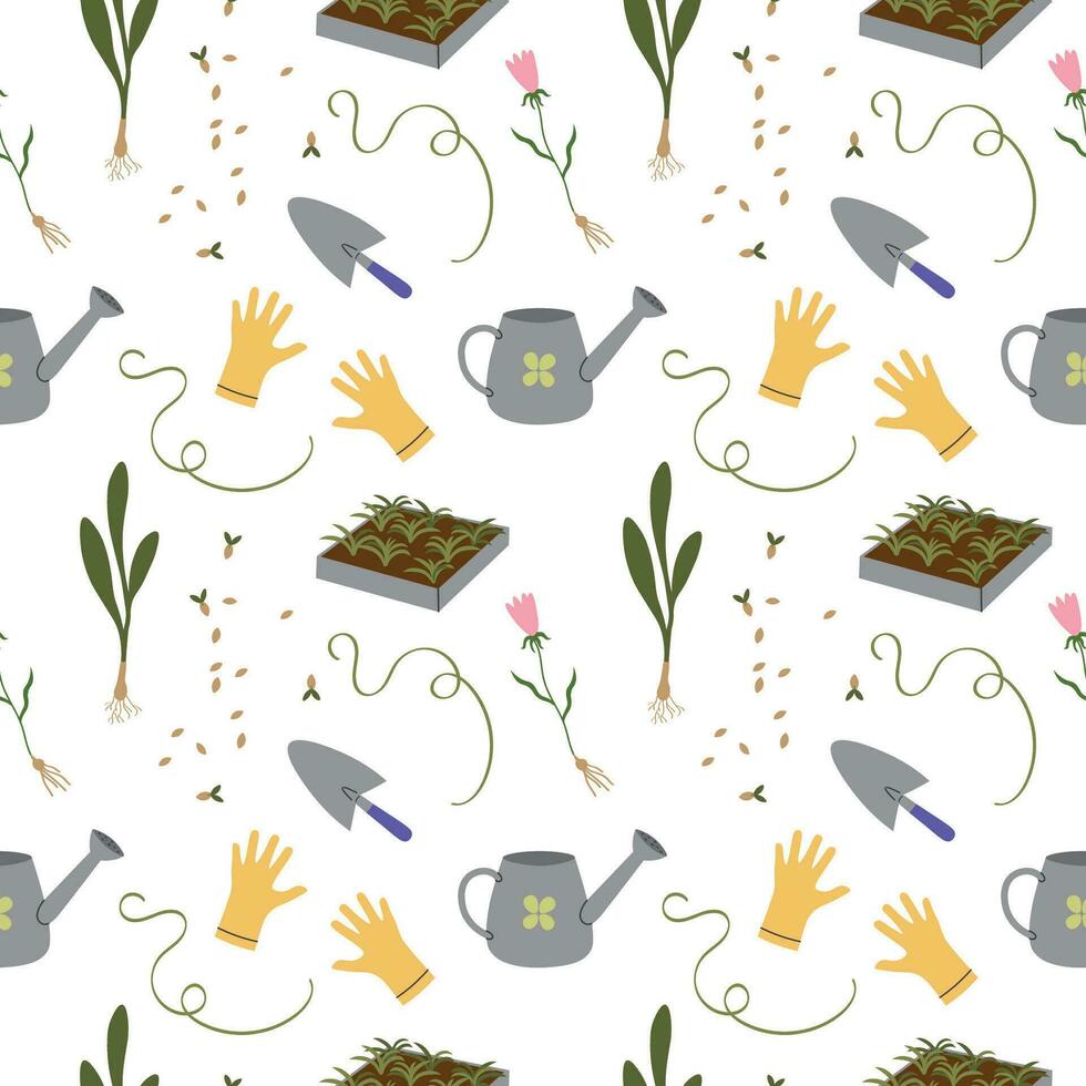 Gardening seamless pattern of various garden items. Repeating background with gardening tools, gloves, seedlings, flowers, shovel, watering can. Decorative ornament for print, wrapping, paper, fabric vector