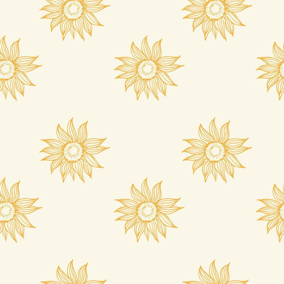 Sunflower seamless pattern with flowers, hand drawn vector illustration. Repeating background with sunflowers plant, boho style. Decorative ornament design element. Healthy food, seed harvest