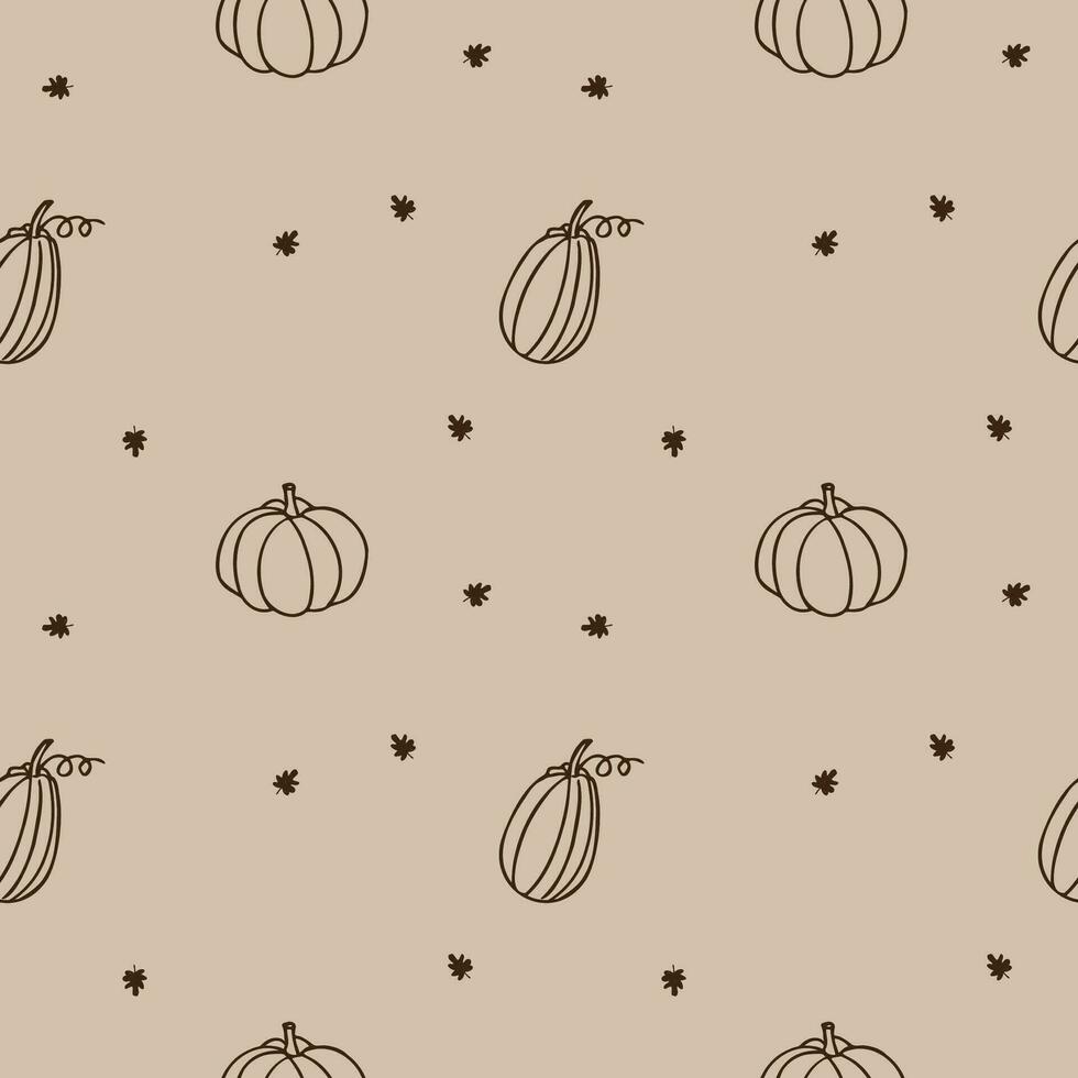 Autumn seamless pattern boho style with pumpkins and fall leaves. Vector illustration of autumn ornament repetitive background. For textile, wrapping, card, polygraph, print, wallpaper. Hand drawn